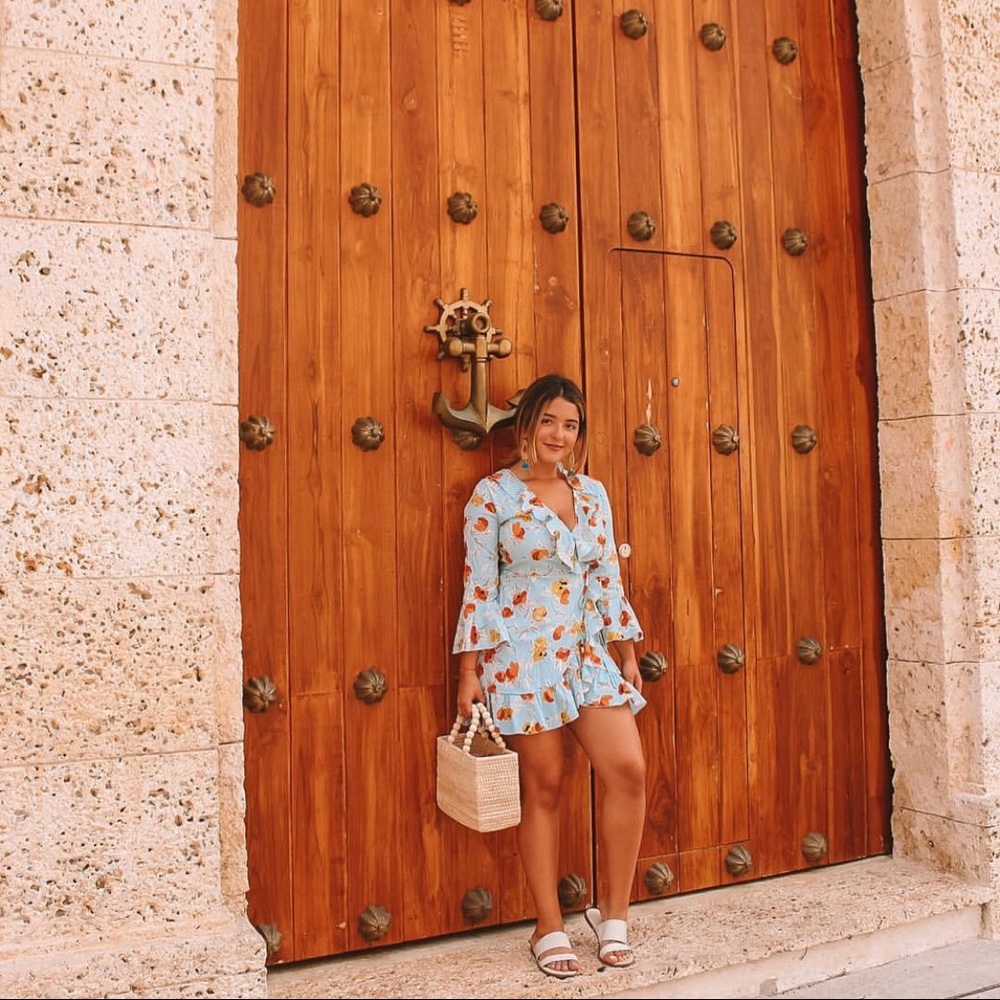 Turquoise Floral Printed Frill Wrap Tea Dress